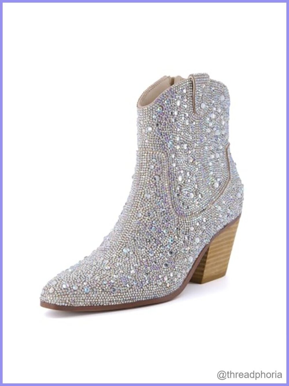 Rhinestone Western Ankle Boots Memory Foam Stacked Block Heel Side Zip